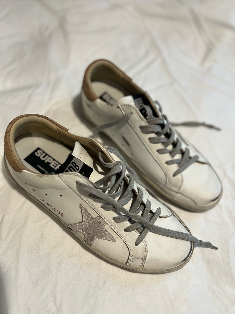 Golden Goose White Leather Sneakers with Gray Star and Tan Collar